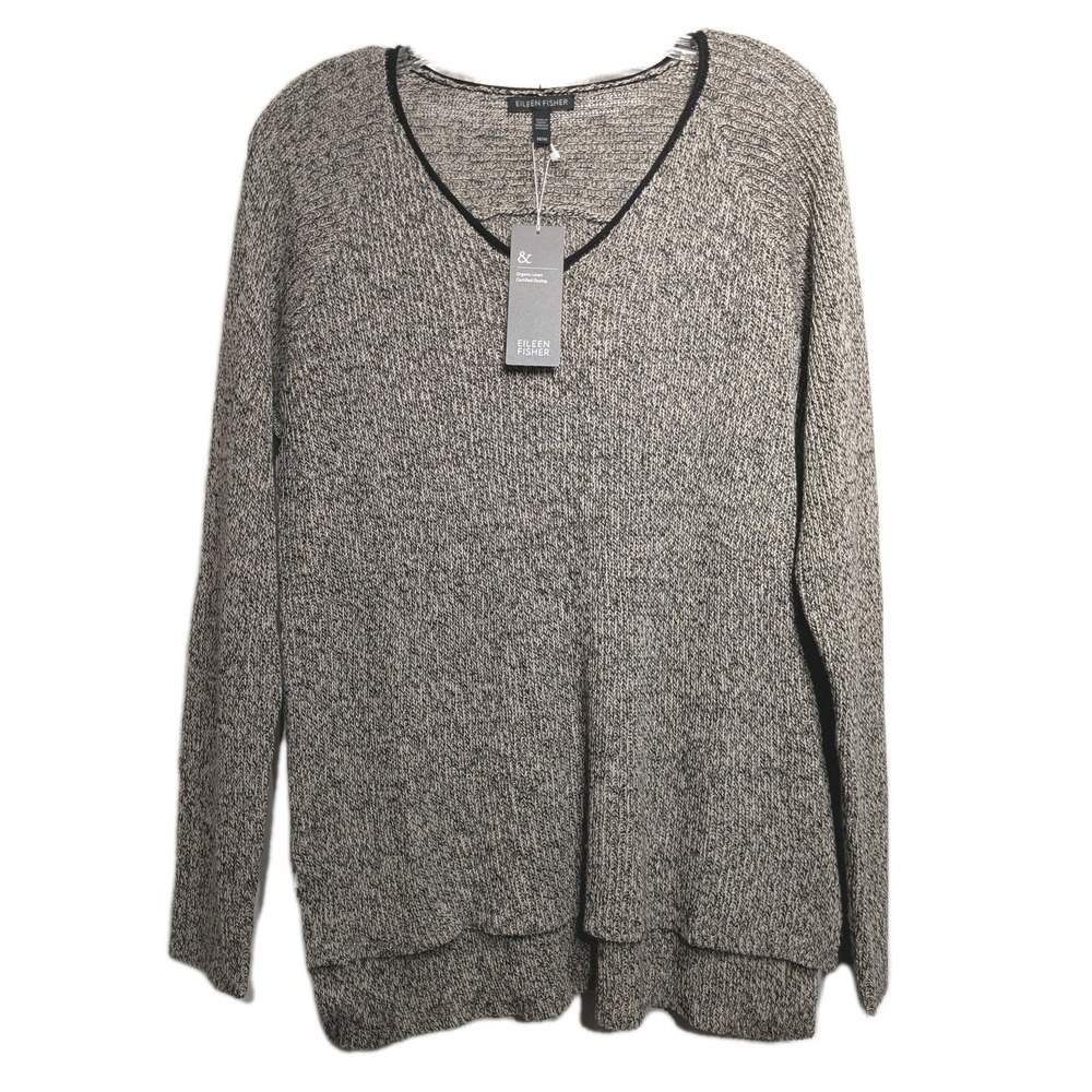 Eileen Fisher Sweater Womens M Gray Organic Linen Wool V Neck Box Top Knit NWT